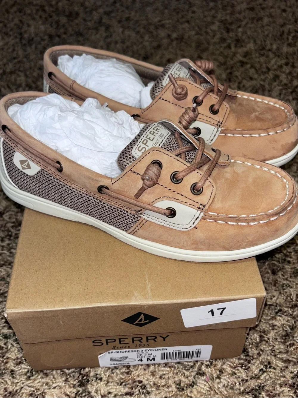 Sperry Shoresider Boat Shoes Kids US 4M Linen Oat 3-Eye Casual Shoes New